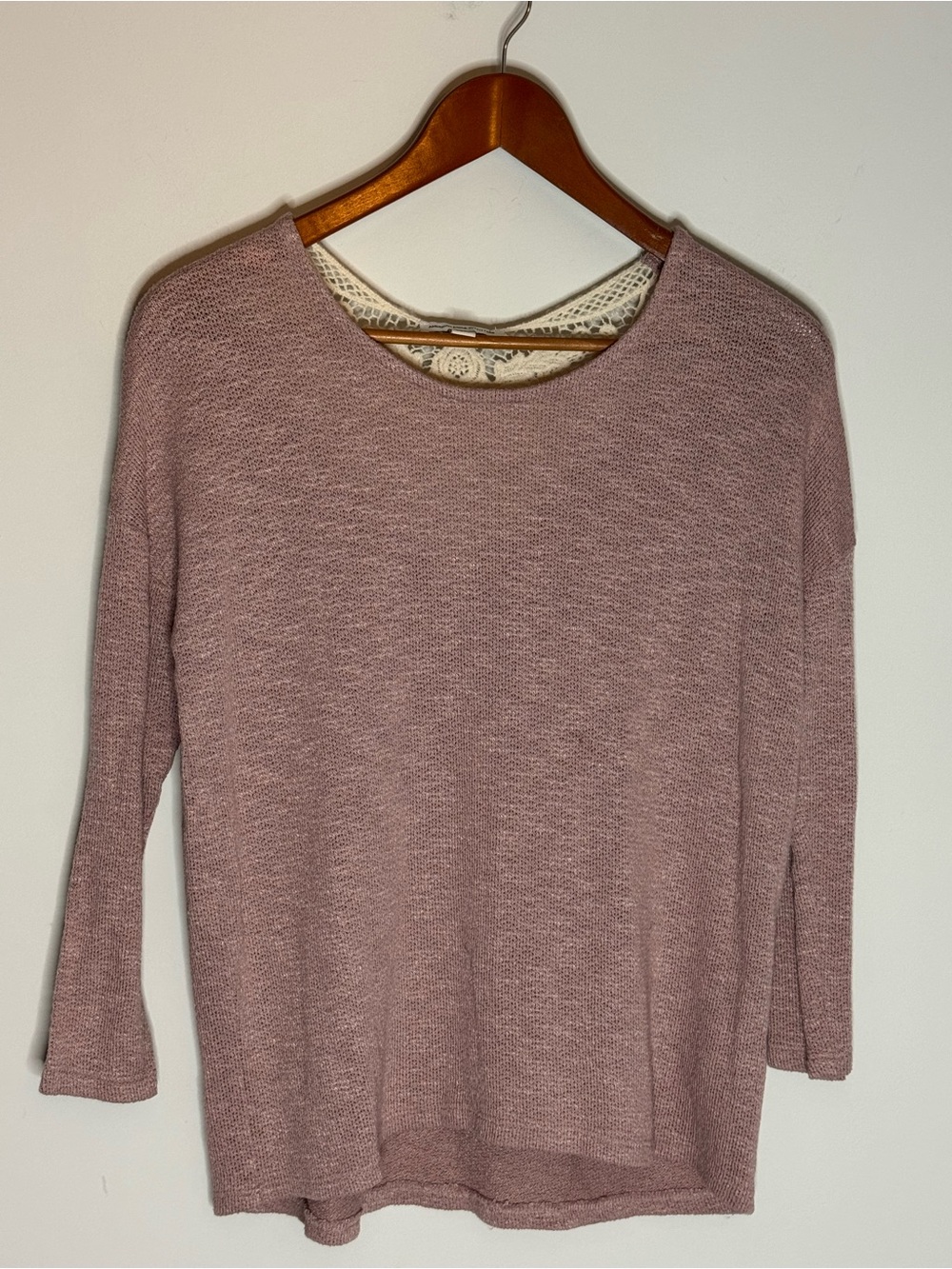 American Eagle Mauve Knit Sweater Small Crochet Crochet Back Open Knit